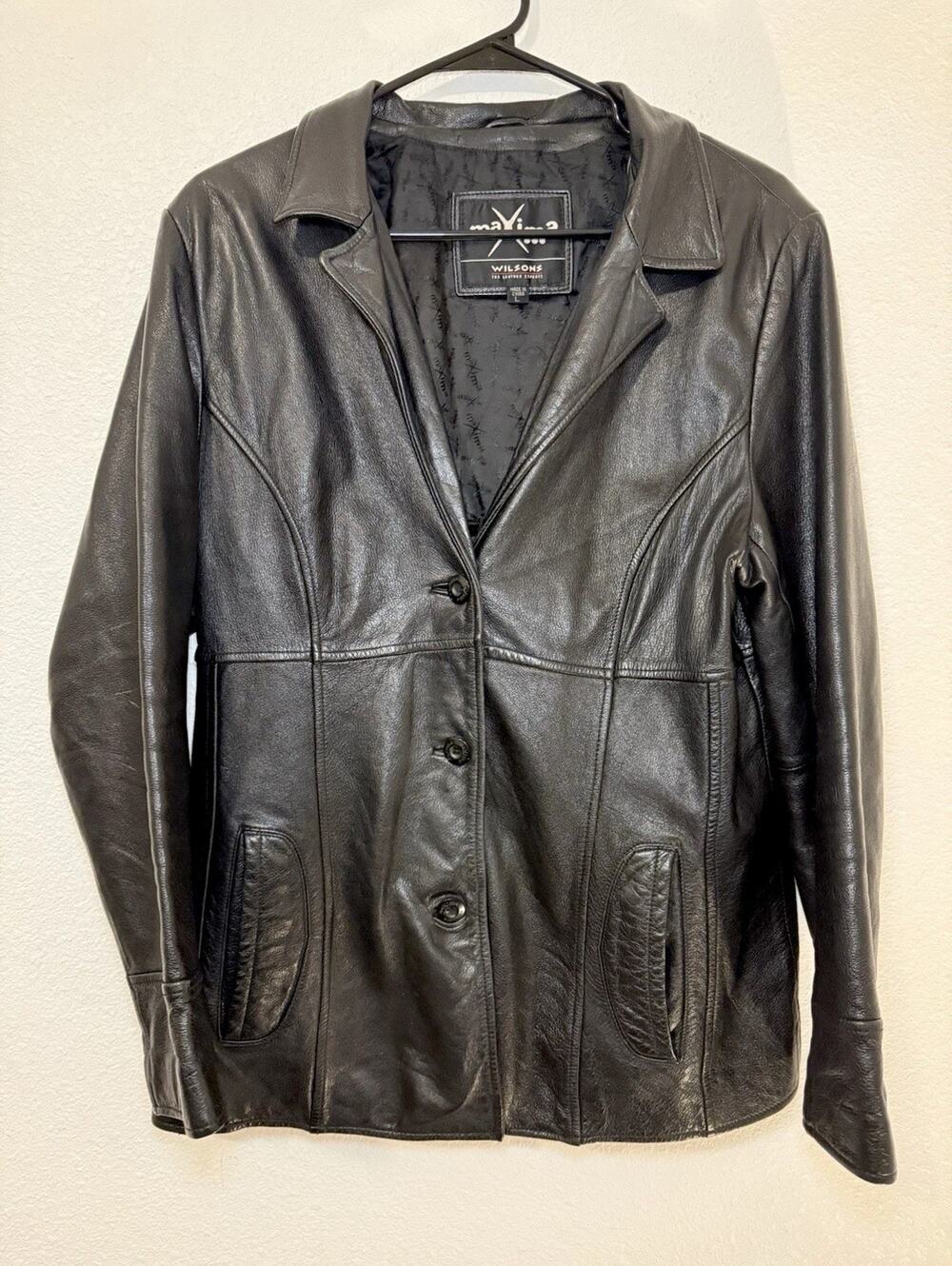 Wilsons Maxima Women's Black Genuine Leather Button Front Jacket Coat Size L
